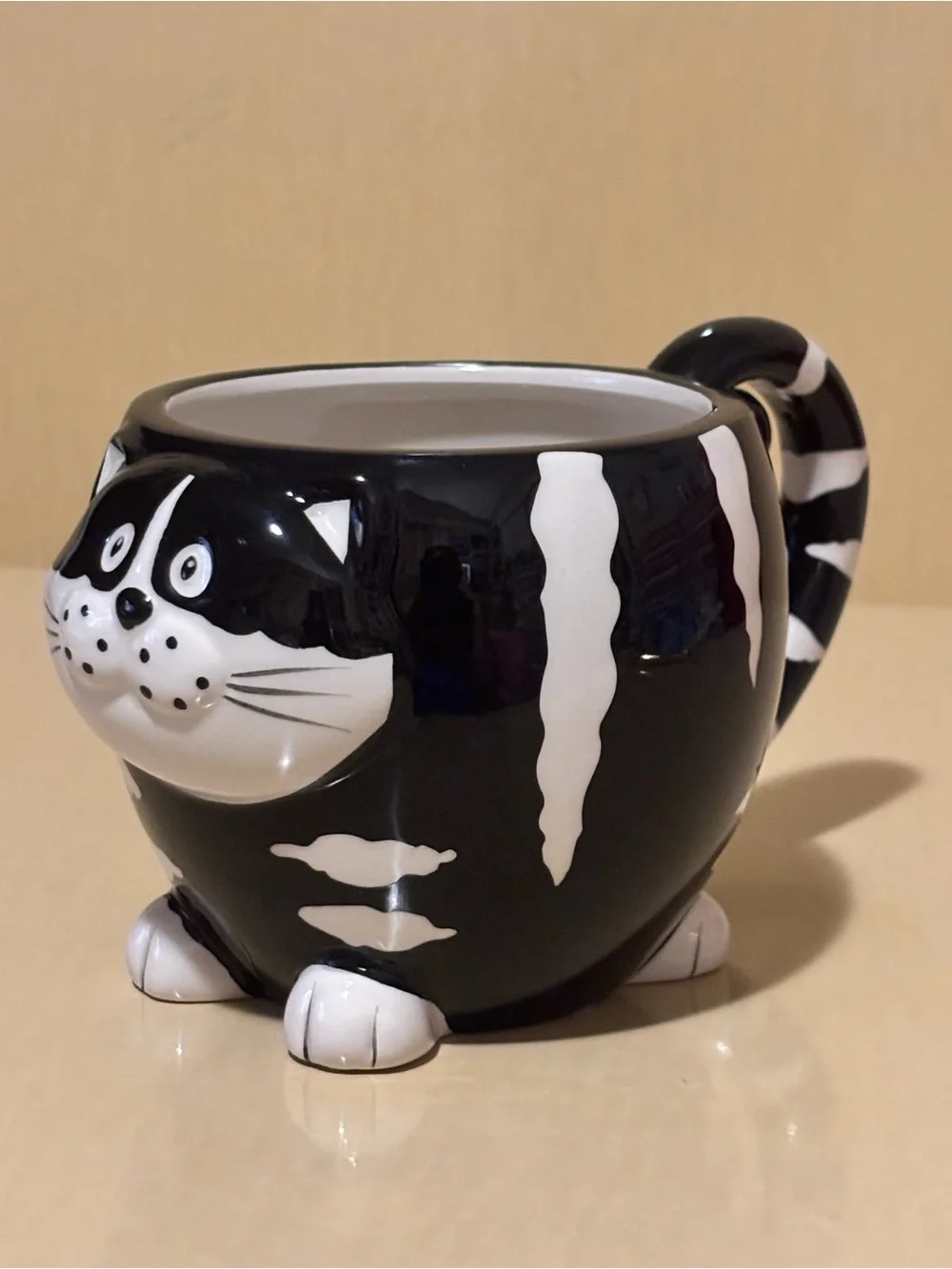Pier 1 Imports Black & White Striped Chubby Cat Mug. Ceramic